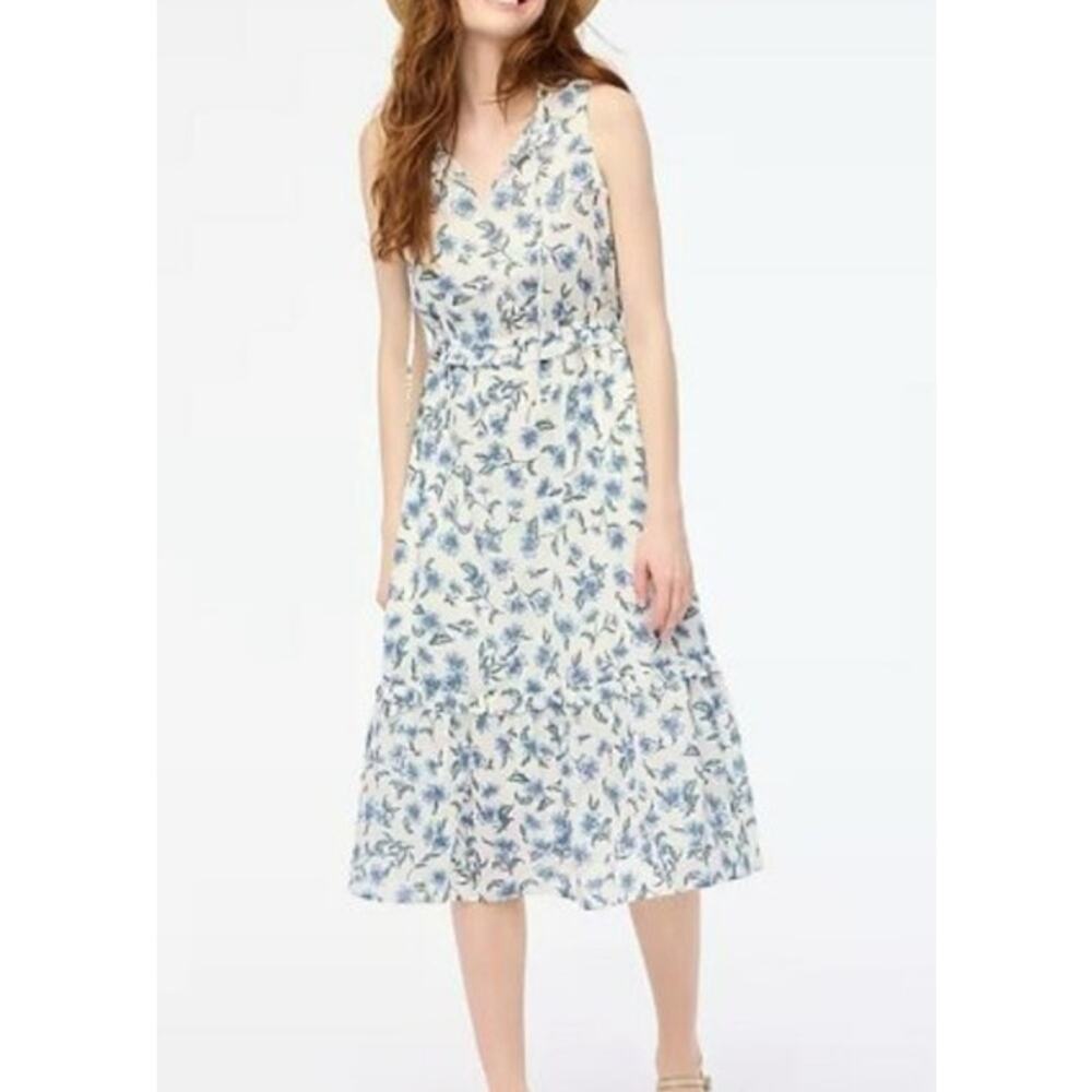 J.Crew Blue Floral Cotton Sleeveless Tiered Midi Dress Tie Front Size 12 Medium